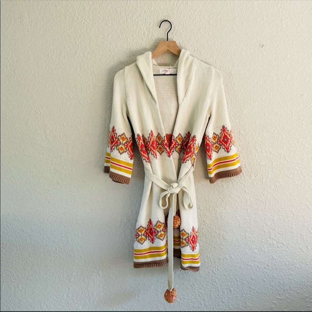 Anthropologie Lilka Fair Isle Wrap Cardigan Sweater with Poms